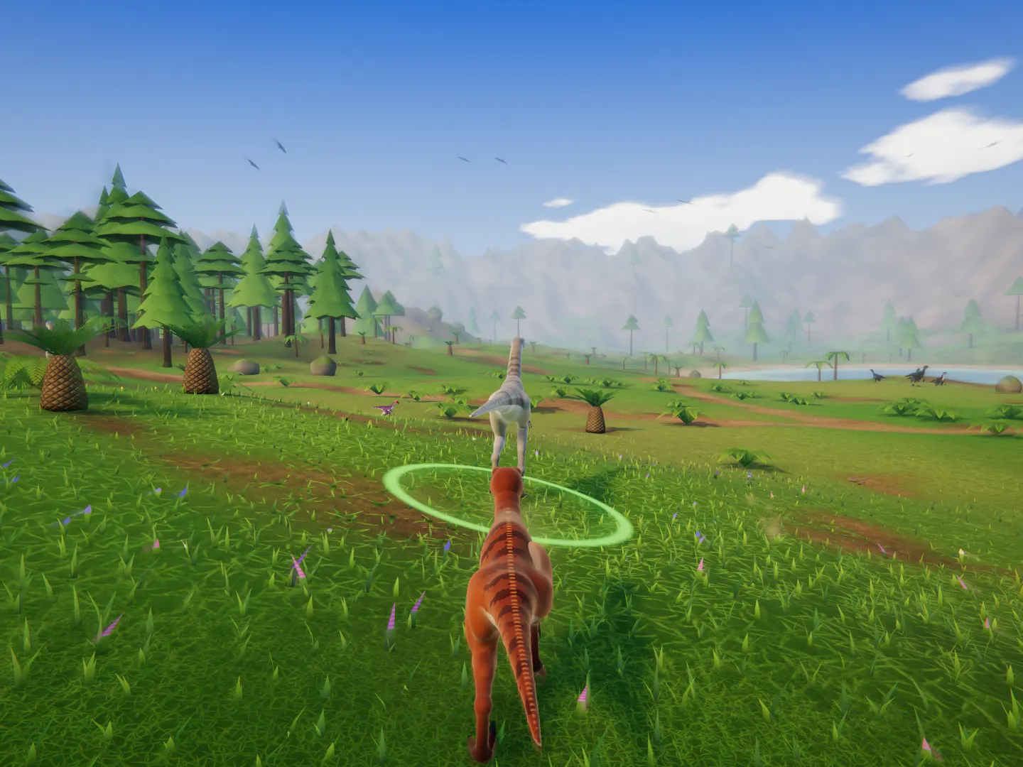 A fully grown copper raptor runs through the sunny meadows of Fern Valley towards a crested dinosaur in a green ring, with pine trees and grey mountains behind.