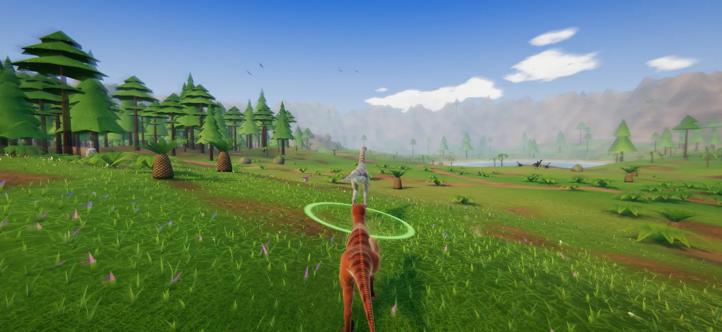 A fully grown copper raptor runs through the sunny meadows of Fern Valley towards a crested dinosaur in a green ring, with pine trees and grey mountains behind.