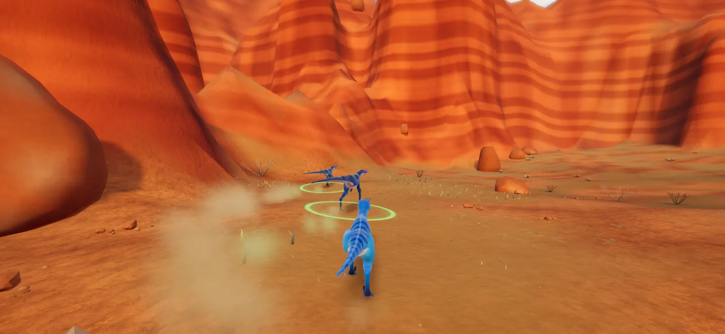A bright blue Ocean raptor kicks up dust as it chases two small striped dinosaurs in green rings beneath the banded orange cliffs of Red Canyon.