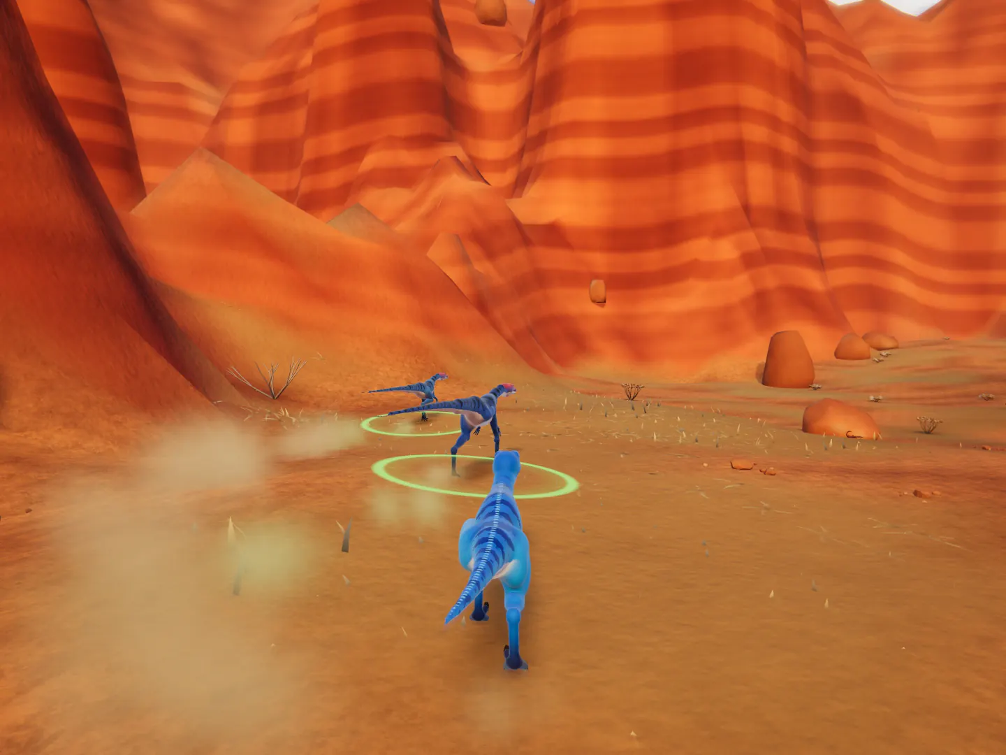 A bright blue Ocean raptor kicks up dust as it chases two small striped dinosaurs in green rings beneath the banded orange cliffs of Red Canyon.