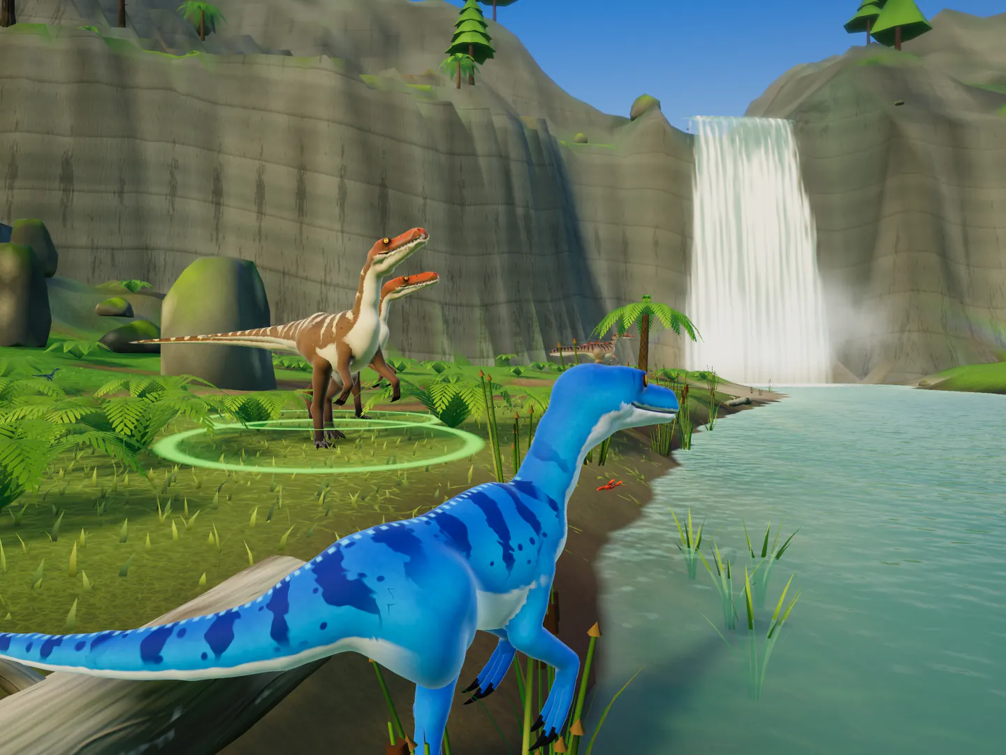 A big blue Ocean raptor stands on a riverbank in Riverlands, eyeing two smaller raptors in a green ring among the ferns, as a waterfall pours down the cliffs behind.
