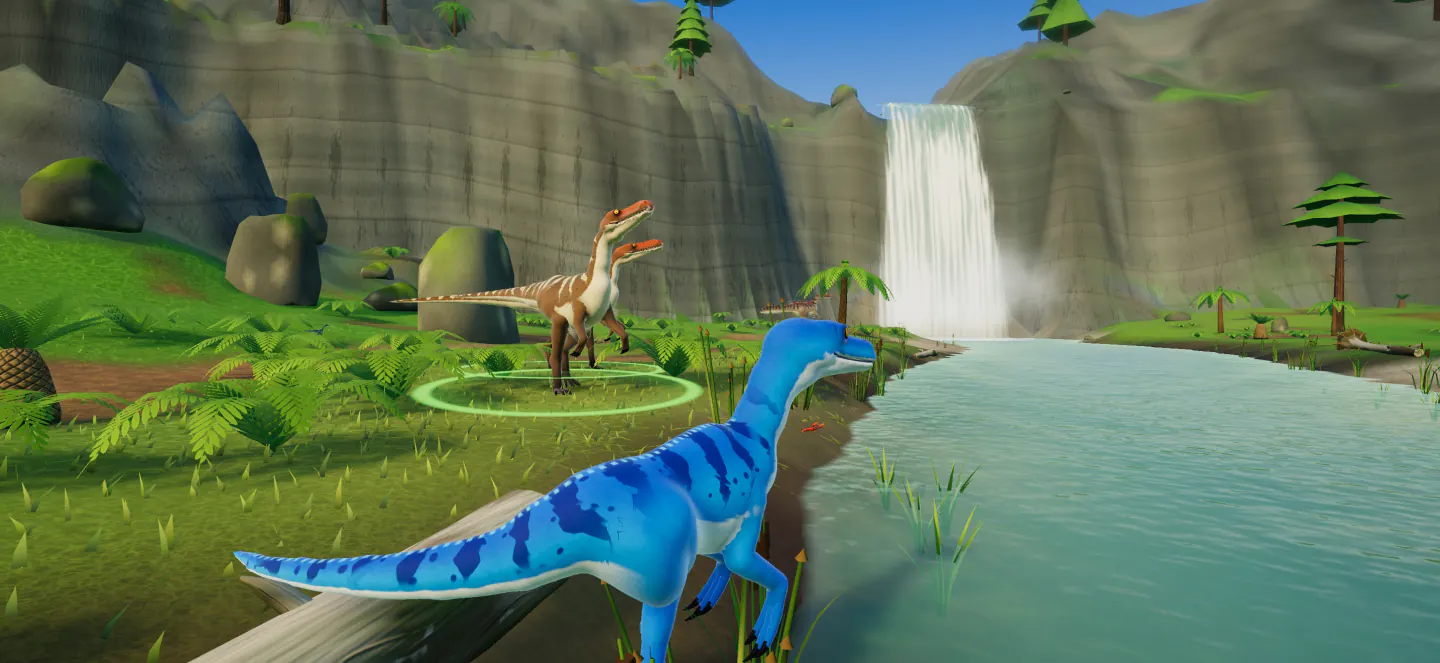 A big blue Ocean raptor stands on a riverbank in Riverlands, eyeing two smaller raptors in a green ring among the ferns, as a waterfall pours down the cliffs behind.