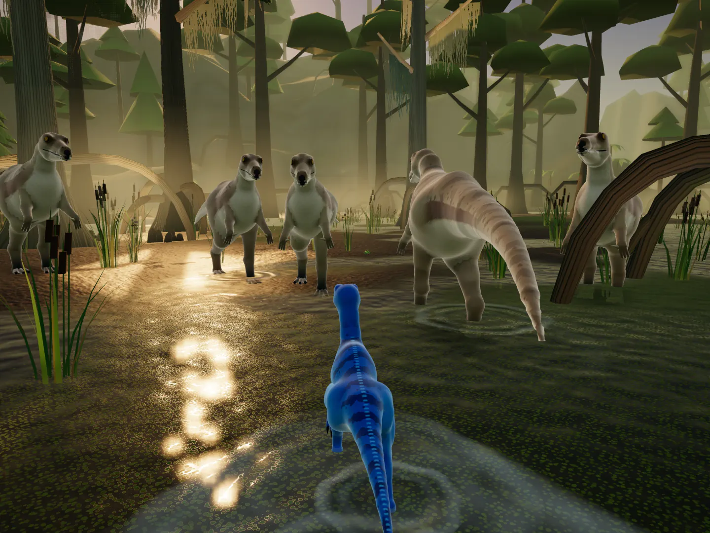 A blue Ocean raptor wades along a sunlit stream in the misty Swamp as a herd of big plant-eaters turns to watch.