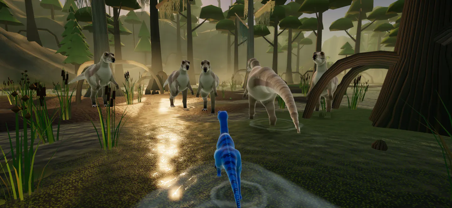 A blue Ocean raptor wades along a sunlit stream in the misty Swamp as a herd of big plant-eaters turns to watch.