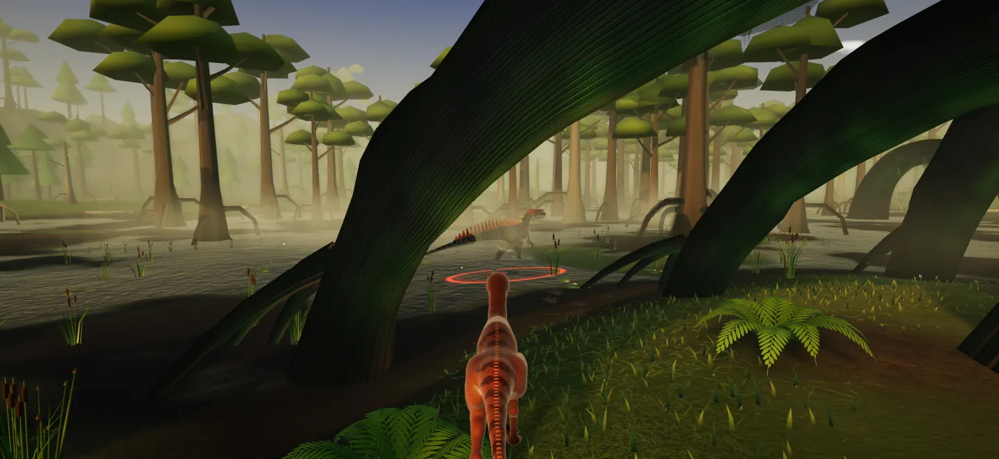 A copper raptor creeps under the giant arching roots of the Swamp towards the Acrocanthosaurus, the top of its food chain, standing in a red ring.
