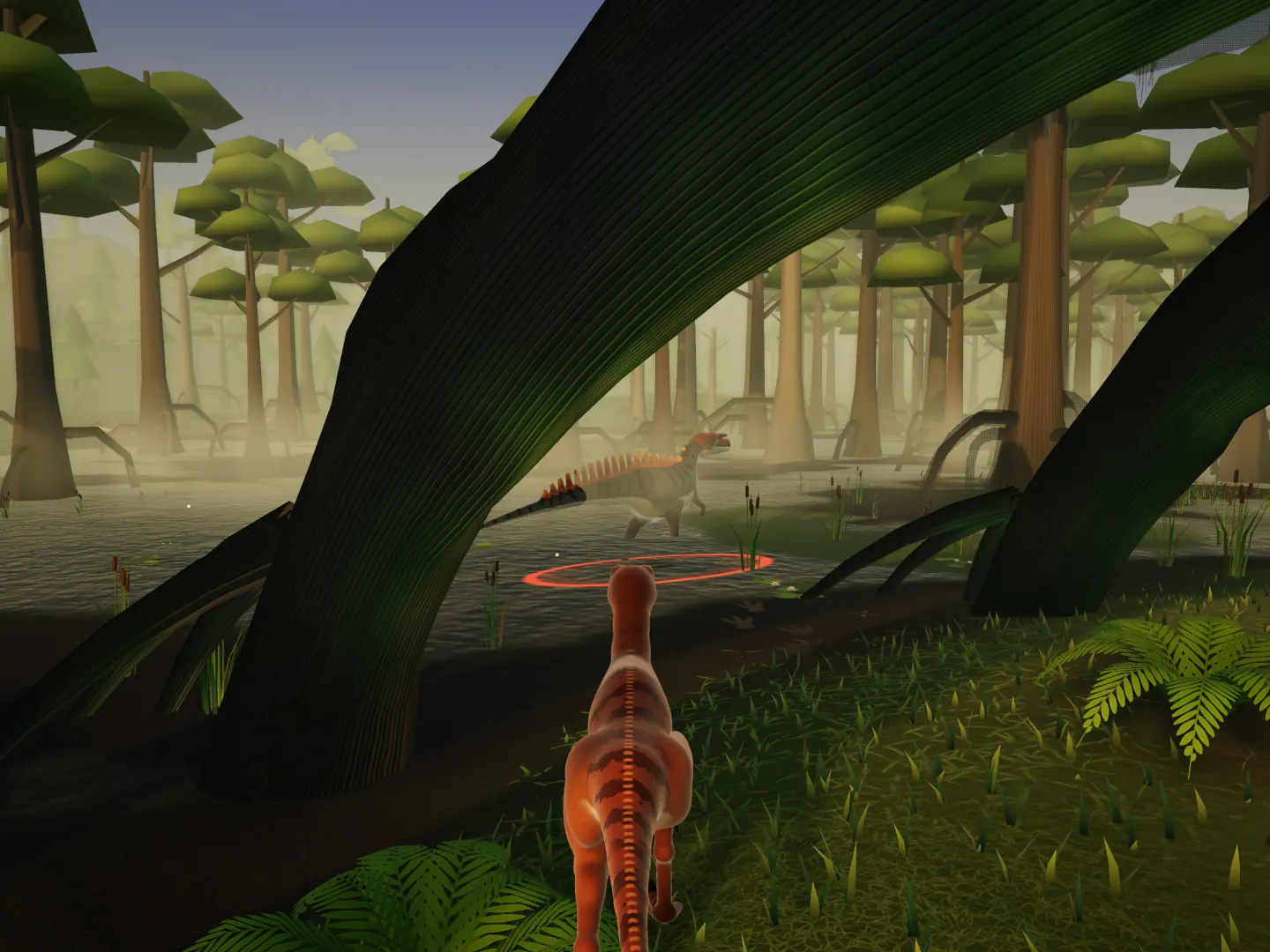 A copper raptor creeps under the giant arching roots of the Swamp towards the Acrocanthosaurus, the top of its food chain, standing in a red ring.