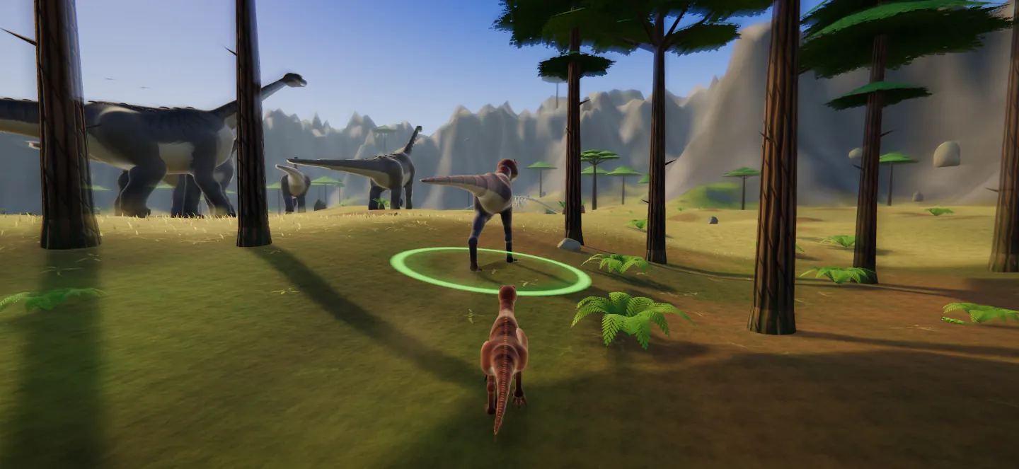 A copper raptor stalks a dinosaur in a green ring between tall trees on Titan Plains, while giant long-necked titanosaurs walk past behind.