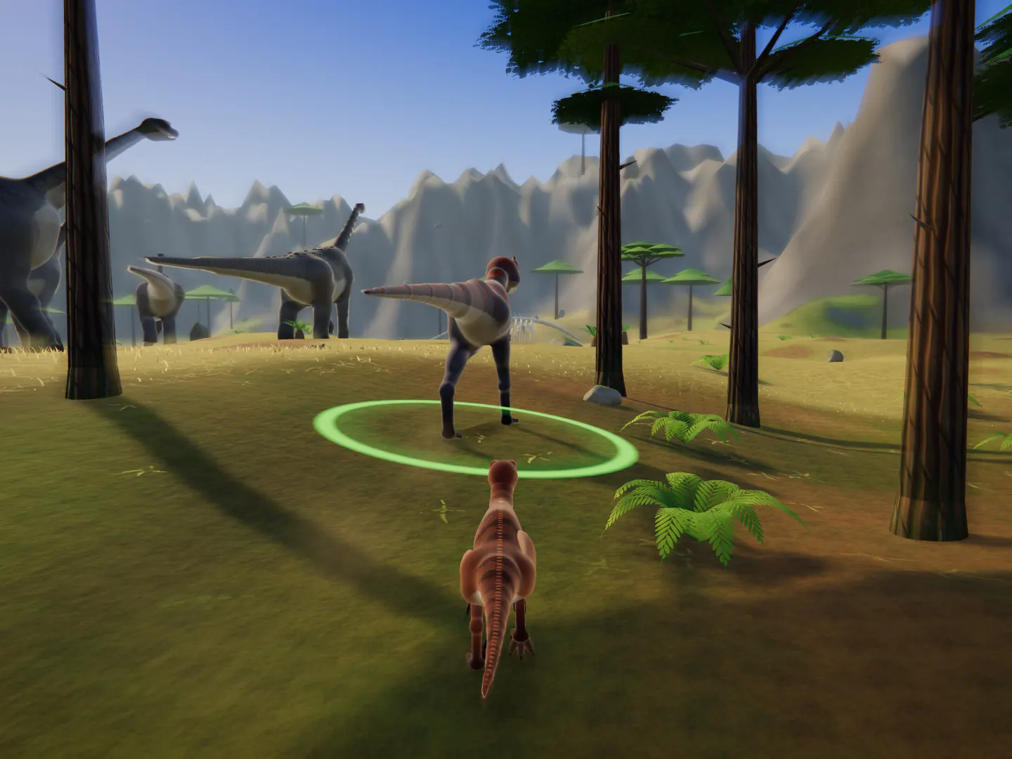 A copper raptor stalks a dinosaur in a green ring between tall trees on Titan Plains, while giant long-necked titanosaurs walk past behind.