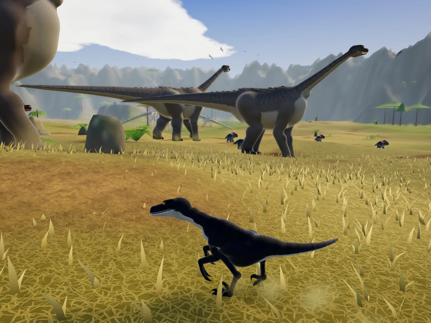 A black Shadow raptor runs through golden grass on Titan Plains, beneath a herd of enormous long-necked titanosaurs.