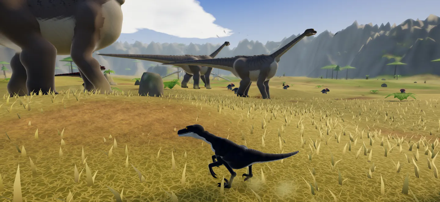 A black Shadow raptor runs through golden grass on Titan Plains, beneath a herd of enormous long-necked titanosaurs.