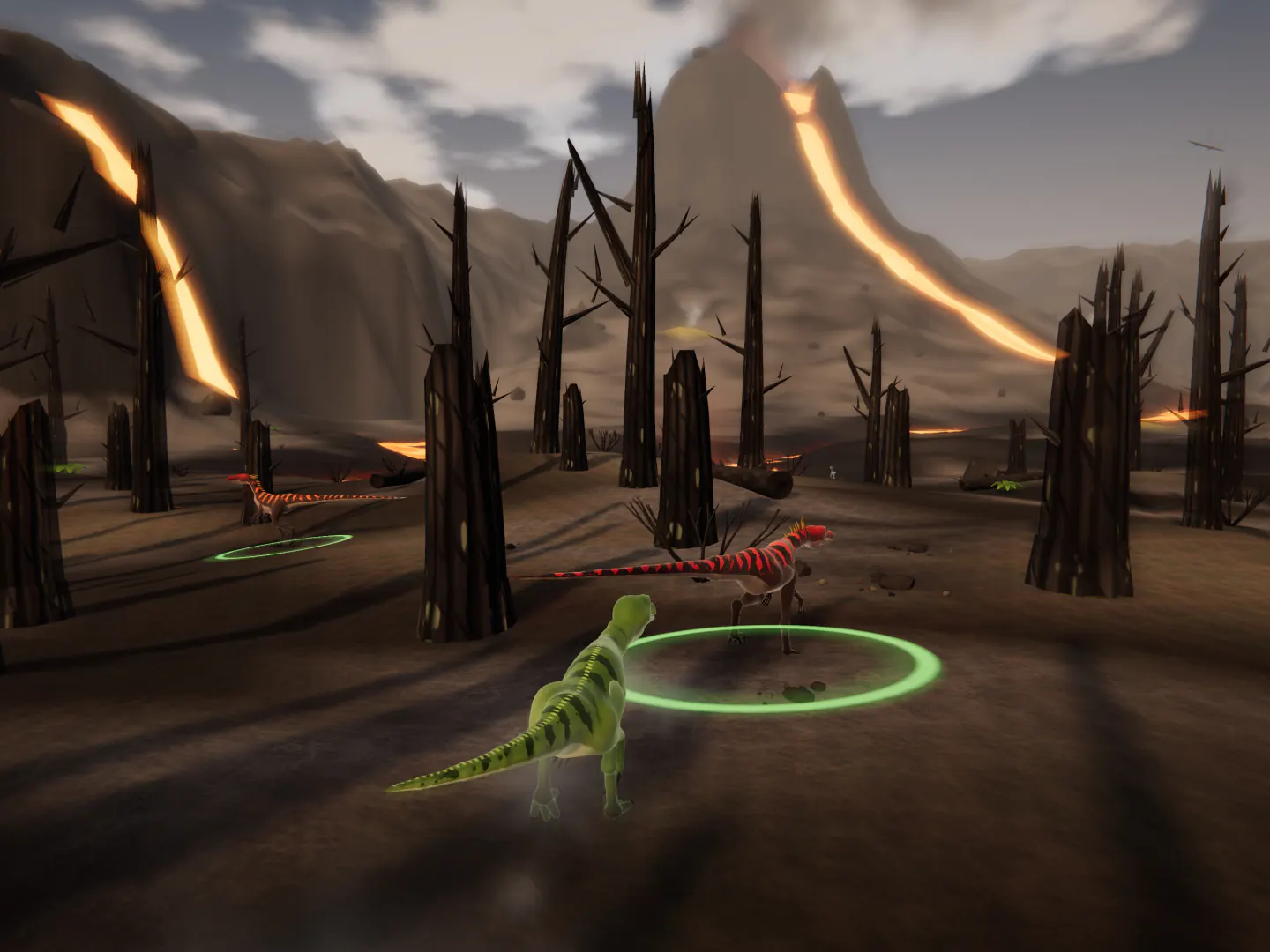 A green Jungle raptor closes in on a red-striped dinosaur in a green ring as rivers of glowing lava run down the volcano behind.