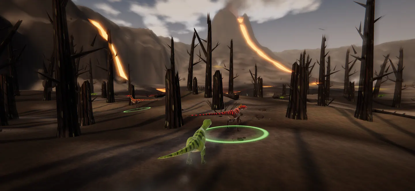 A green Jungle raptor closes in on a red-striped dinosaur in a green ring as rivers of glowing lava run down the volcano behind.