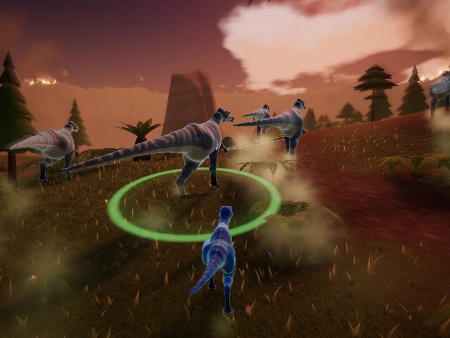 A blue Ocean raptor chases a herd of duckbills, ringed in green and kicking up dust, under the smoky red sky of Extinction.