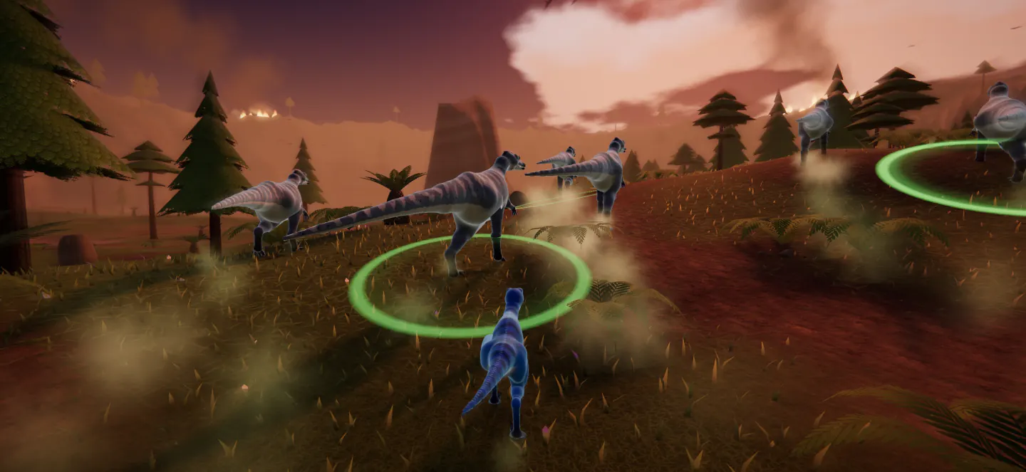 A blue Ocean raptor chases a herd of duckbills, ringed in green and kicking up dust, under the smoky red sky of Extinction.