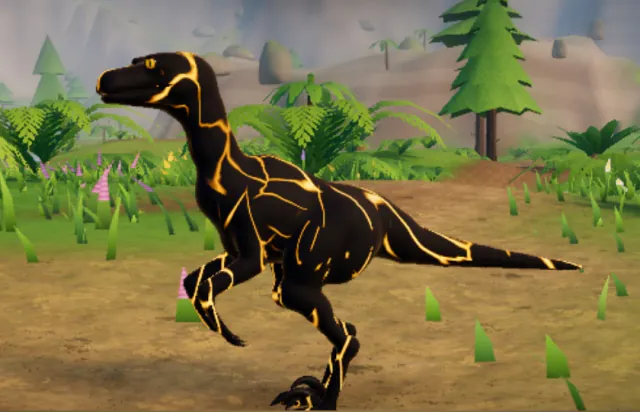 The Alpha skin in the game: a raptor in obsidian black, veined with glowing molten gold.